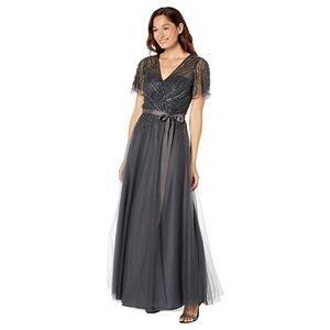 XSCAPE Women's Long Mesh Bead Ball Gown (Charcoal) Evening Dress 8 NWT